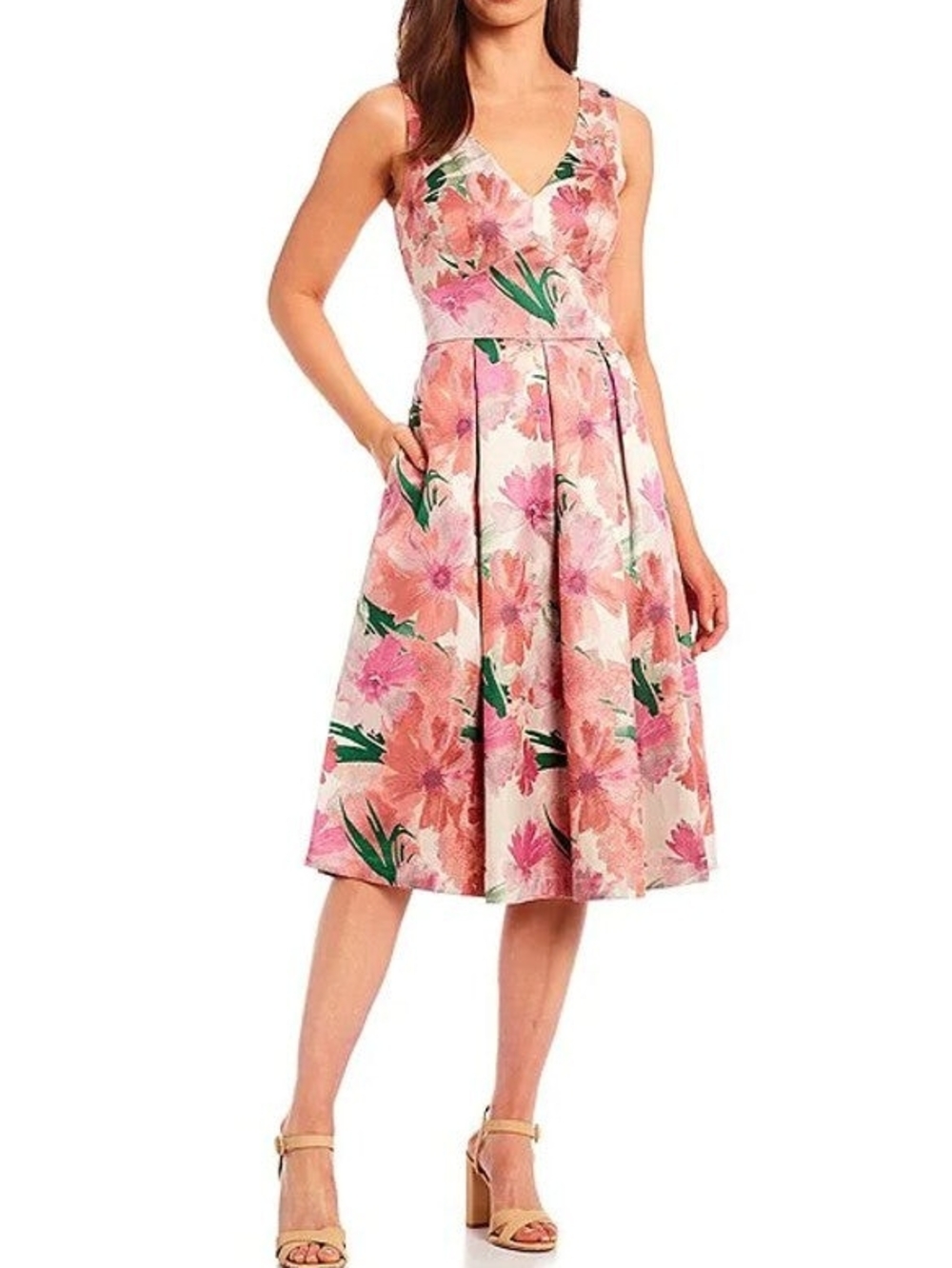 Eliza J Pink Floral V-Neck Fit And Flare Midi Dress, Size 10